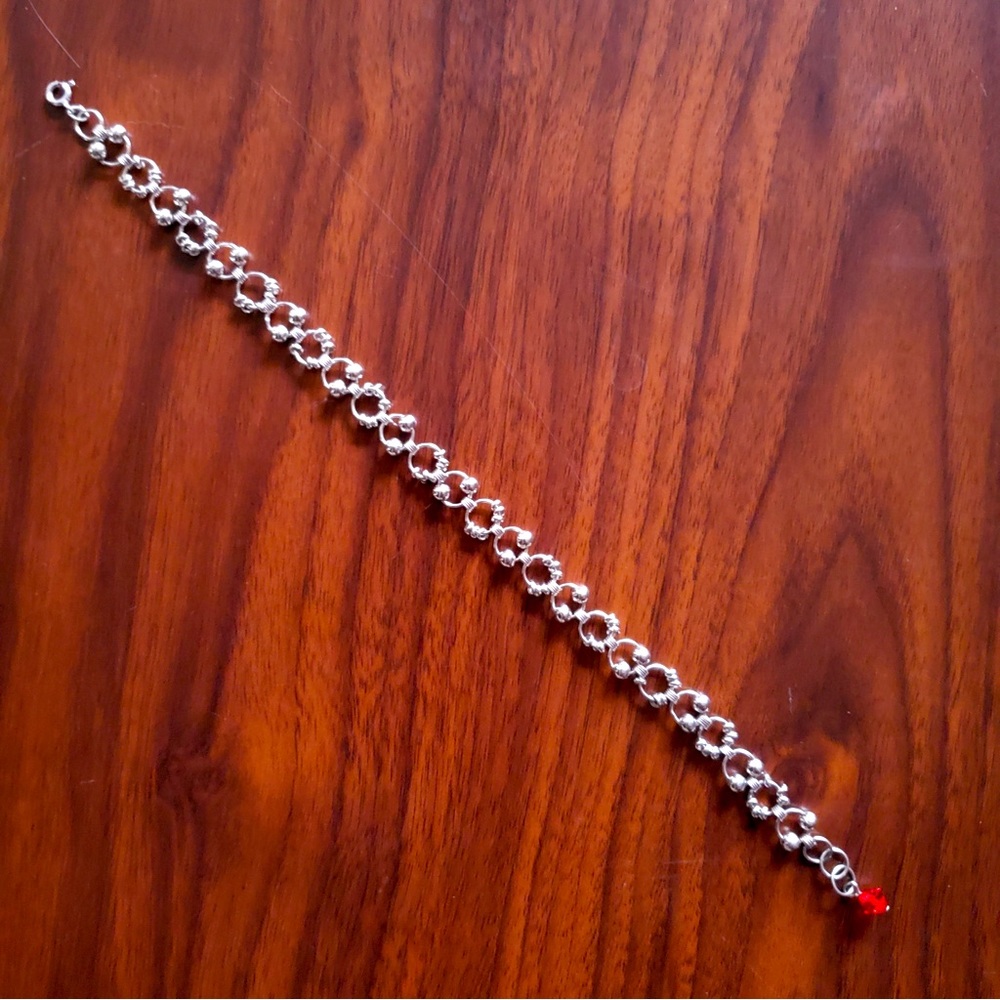 925 Sterling Silver Anklet Red Crystal Circle Link Chain